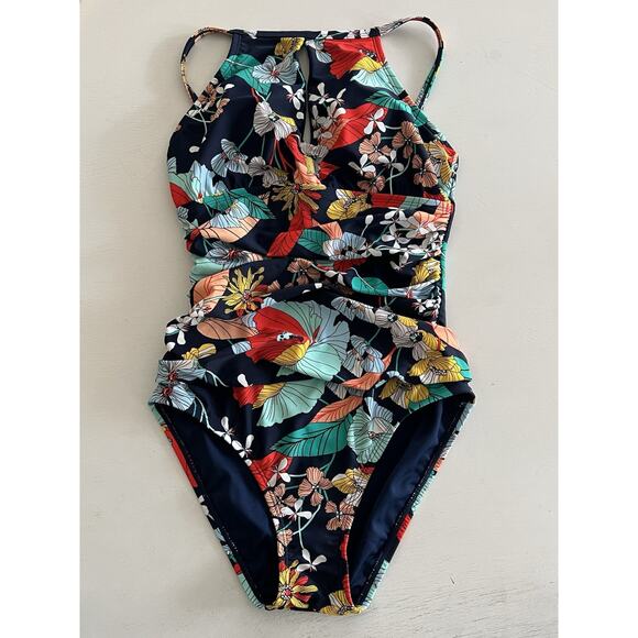 Ellen Tracy Keyhole High Neck One Piece Swimsuit Tropical Floral Size 6 Ruching - Picture 15 of 16